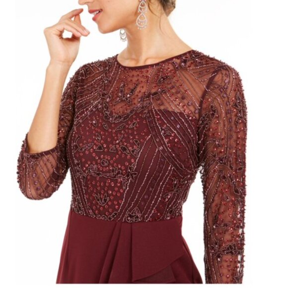 ADRIANNA PAPELL Burgundy Long Sleeve Sequin Maxi Sheath Evening Dress (NWT) - Picture 2 of 10